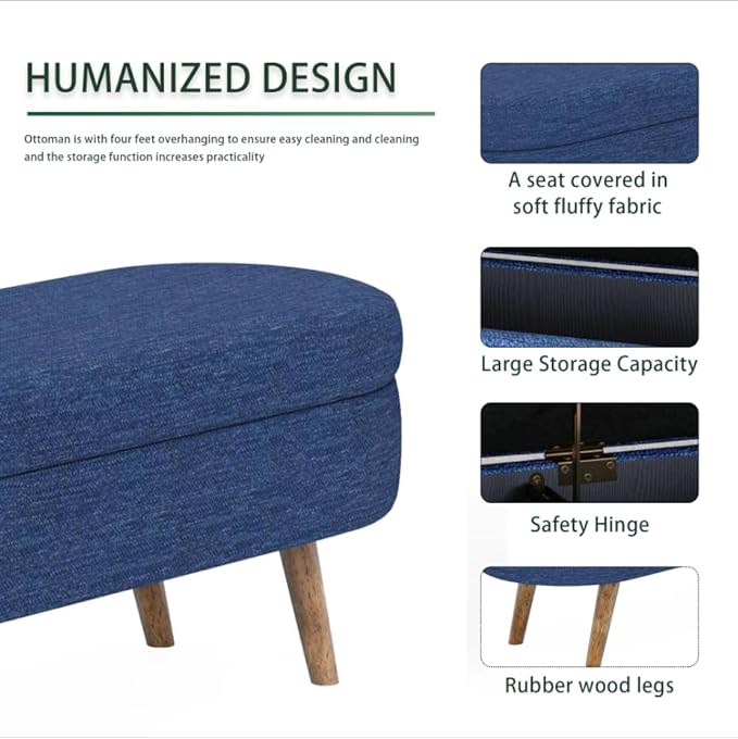 Oval Storage Bench 43.5" Linen Fabric Upholstered Entryway Bench with Solid Wood Legs Ottoman Bench Indoor Bench for Living Room/Bedroom/End of Bed/Entryway (Dark Blue)-Ruum Studio Home