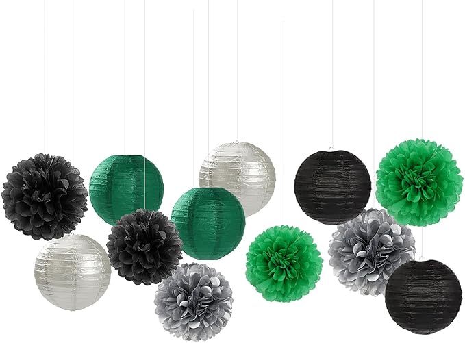 Green-Black Silver Party-Decorations Paper Flowers Lanterns - 15PCS Football Game Day Birthday Tissue Pom Poms Streamers, Bachelorette New Years Hanging Supplies Decor Hugfond-Ruum Studio Home