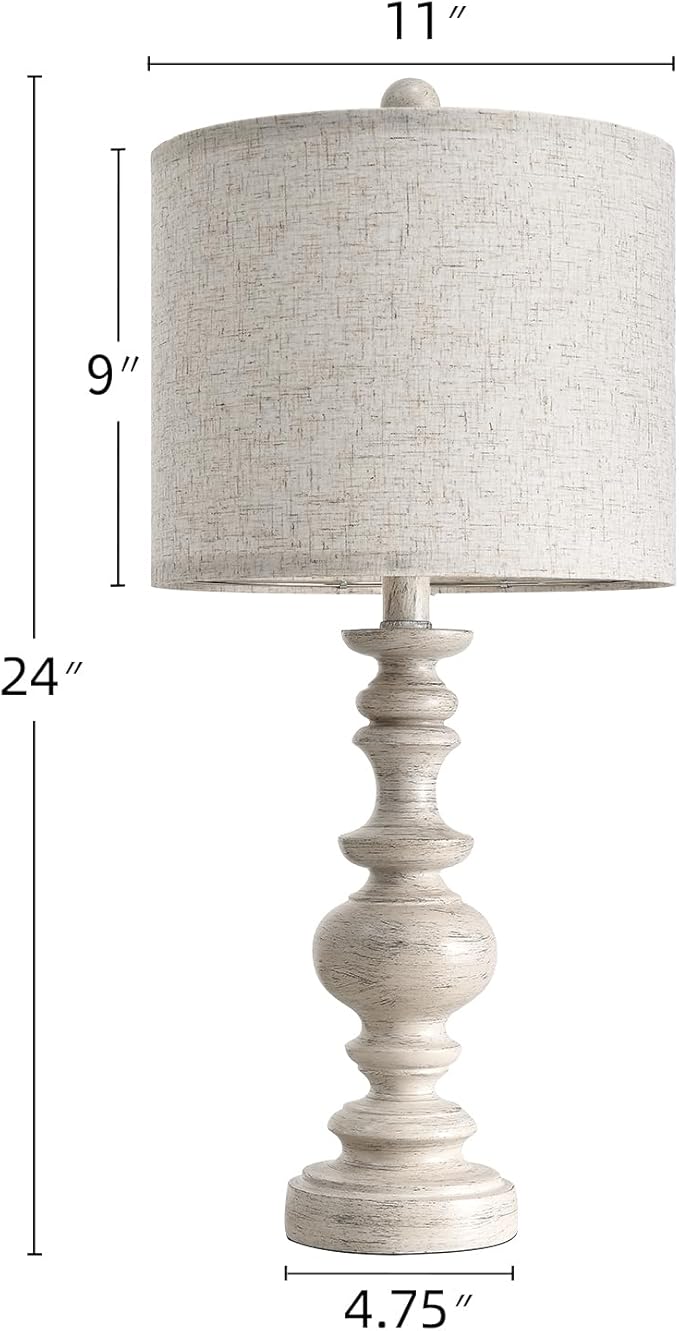 BOBOMOMO 24" Farmhouse Resin Table Lamp Set of 2, Vintage Lamps for Living Room Bedroom with Linen Shades, Traditional Rustic Bedside Lamps Retro Table Lamps for Living Room, Bedroom, Office-Ruum Studio Home