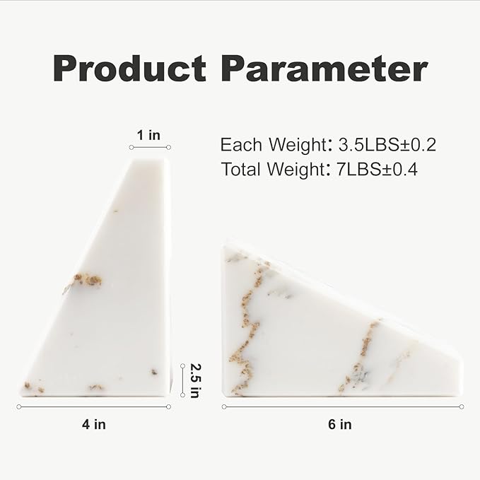 Marble Book Ends White, Heavy Duty Book Ends for Shelves, Decorative Natural Book Stopper，Unique Decorative Bookend for Home Shelves Calacatta Natural Marble Bookend, Set of 2-Ruum Studio Home