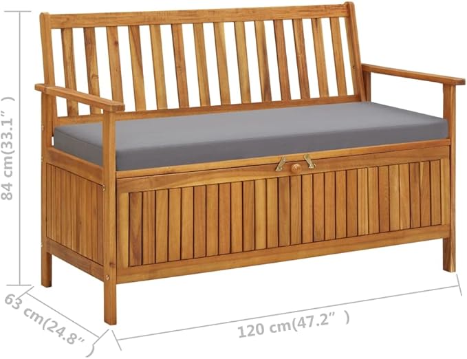vidaXL Patio Storage Bench 47.2", Solid Acacia Wood, Dark Gray Cushion, Ample Storage Compartment, Rustic Style, Home and Garden Furniture-Ruum Studio Home