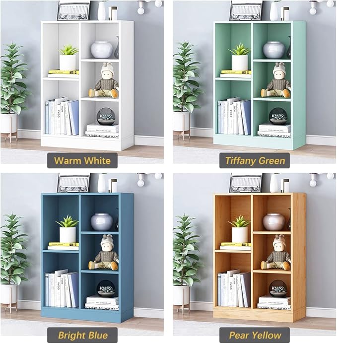 IOTXY Open Shelf Low Bookcase - Wooden 3-Tier Floor Standing Display Cabinet Organizer with Base, 5 Cubes Short Horizontal Bookshelf in Warm White-Ruum Studio Home