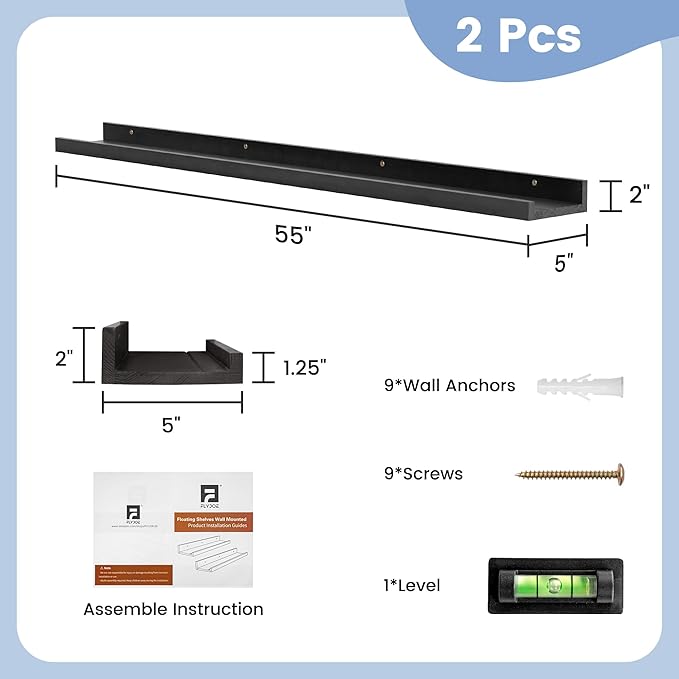 Picture Ledge Shelf, Floating Shelves Set of 2, Solid Pine Wood 55'' Long Large Nursery Book Shelves for Toys Storage, Kids Bookshelf for Living Room Bedroom Decor Books Photo Frames, Black-Ruum Studio Home