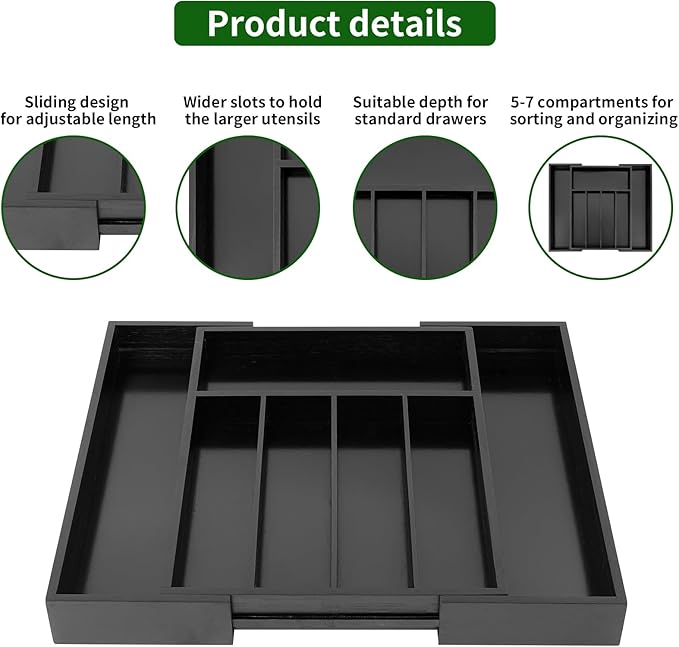 VaeFae Bamboo Drawer Organizer, Expandable Silverware Drawer Organizer, Cutlery Tray with Dividers for Kitchen Utensils (Black, Medium)-Ruum Studio Home