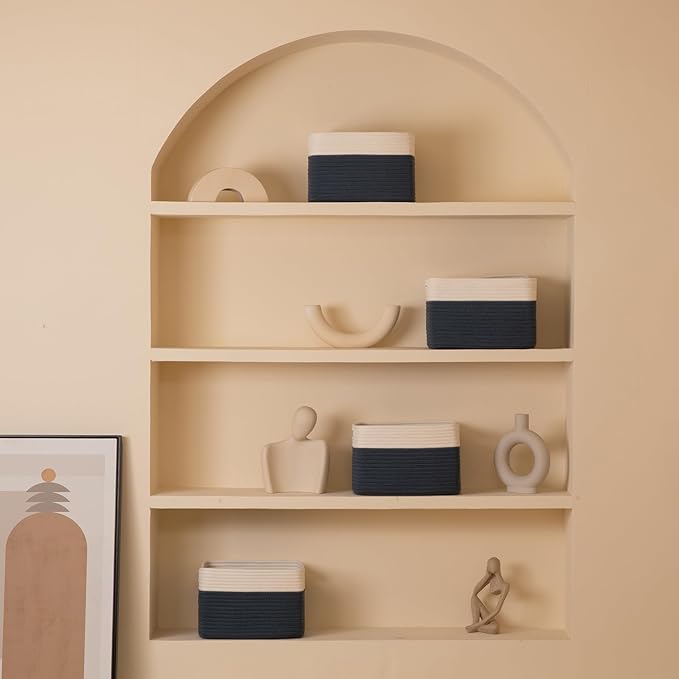 4 Pack Storage Baskets for Organizing, Woven Baskets for Shelves - Perfect for Toys, Books, Towels, and Clothes, Durable Gift Basket Bins Toy Storage, 12.7''L x9''W x7.8''H, Blue and White-Ruum Studio Home