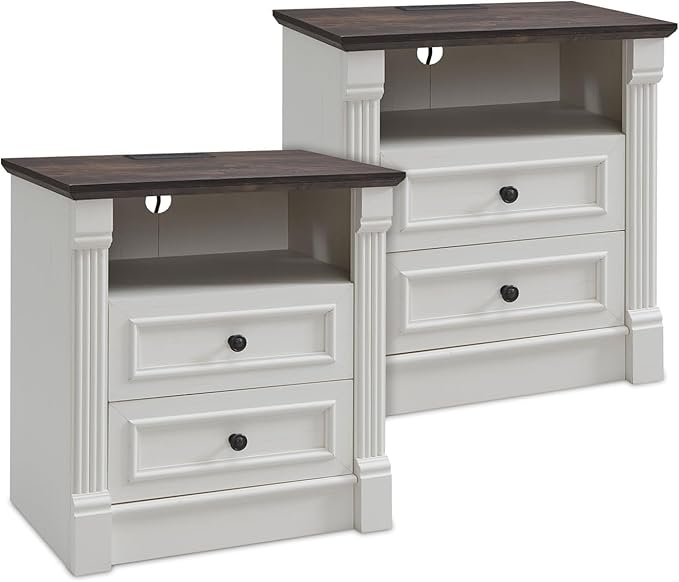 26" Tall Farmhouse Night stand Set of 2, 2 Drawers End Table w/Charging Station, 23.6" Wide Wood Side Table w/Roman Column, Large Rustic Sofa Table w/Open Shelf, Bedside Table for Bedroom, White-Ruum Studio Home