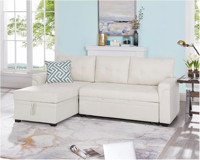 Naomi Home Transform Any Space: Sleeper Sectional Sofa with Convertible Sofa Bed & Inviting Chaise. Find Tranquil Comfort with Stress-Relieving Design & Durable Cushions - Cream/Velvet-Ruum Studio Home
