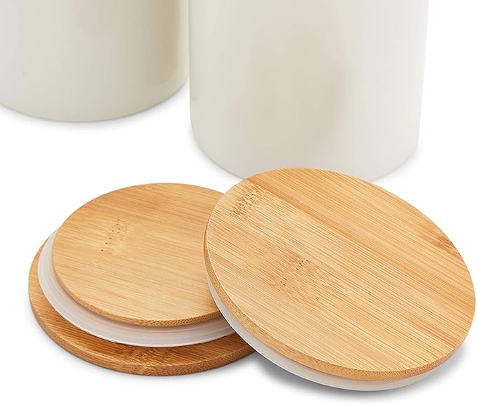 Farmlyn Creek Set of 3 White Ceramic Canisters with Airtight Wooden Bmaboo Lids - Kitchen Counter Containers - Food Storage Jars for Storing Sugar, Coffee, Snacks and Other Dry Goods (3 Sizes)-Ruum Studio Home