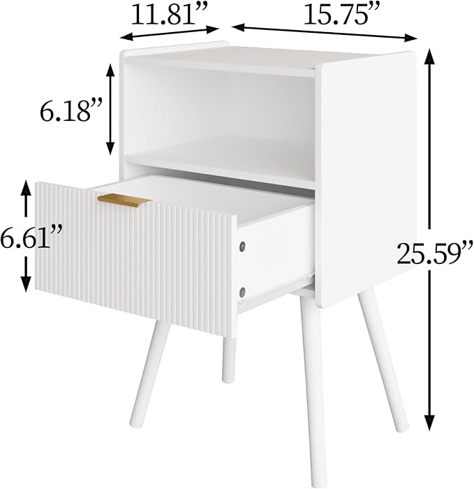 Nightstand,Modern Bedside Table with Storage Drawer and Open Wood Shelf, Accent Night Stand with Solid Wood Legs for Living Room, Bedroom and Small Spaces,Easy Assembly (White)-Ruum Studio Home