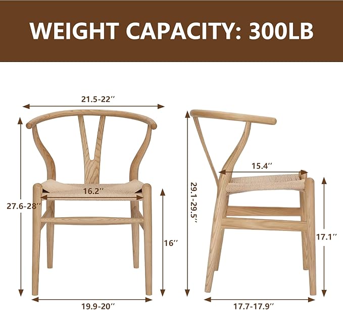 Wishbone Chair Natural Solid Wood Dining Chair/Hans Wegner Y Chair Rattan and Wood Accent Armrest Chairs Set of 2 (Ash Wood + Natural)-Ruum Studio Home