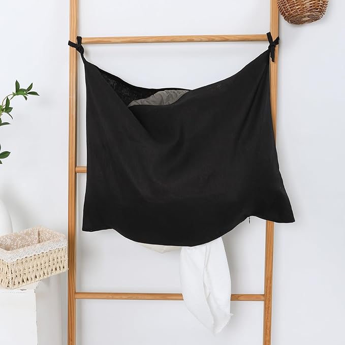 Hanging Linen Laundry Bag, 100% Pure Flax Linen Over The Door Hamper with Bottom Zipper for Laundry Room, Household Dirty Cloth Storage Organizer Bag, Black-Ruum Studio Home