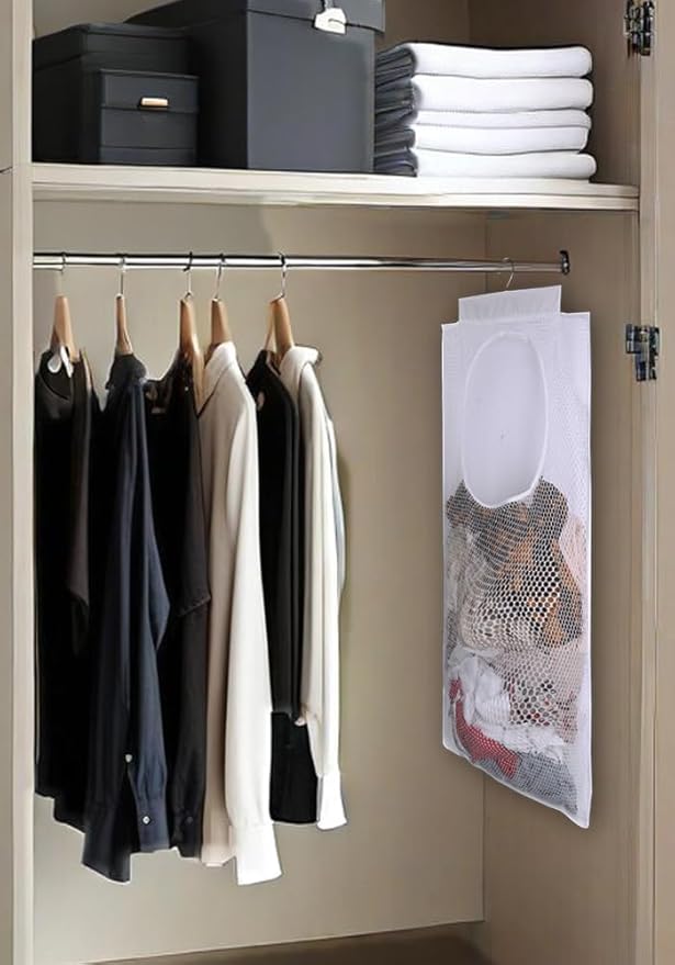 ALYER Breathable Mesh Laundry Hamper,Foldable Hanging Closet Storage Basket,Portable Space Saving Dirty Clothes Bag (White)-Ruum Studio Home
