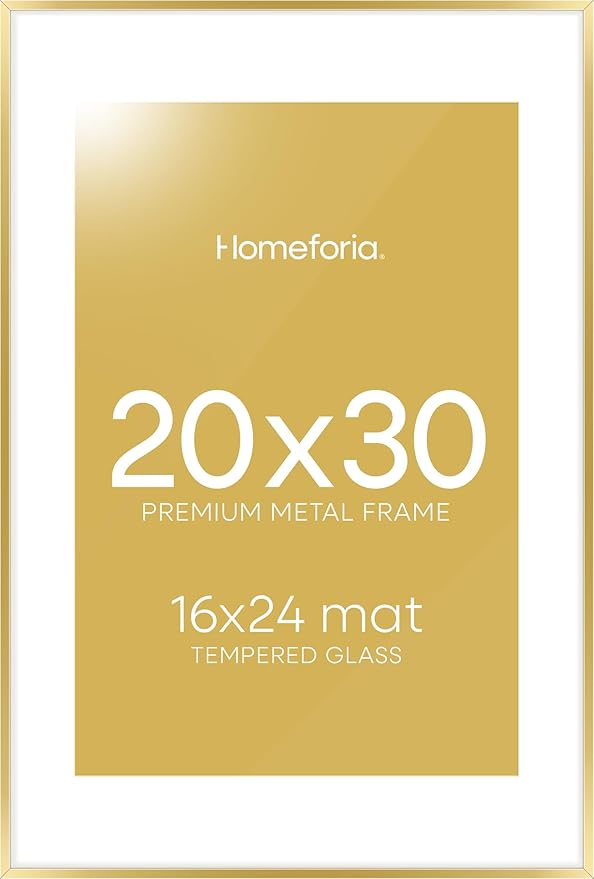 Homeforia 20x30 Poster Frame Gold, High End Metal 20 x 30 Picture Frames with Mat 16 by 24 Photo, 20x30 Gold Frame Matted to 16x24 Print, 30x20 Large Hanging Frames, Tempered Glass, Wall Kit, Set of 1-Ruum Studio Home