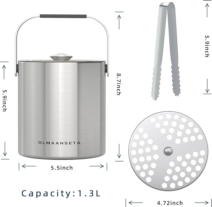 Small Ice Bucket with Lid and Tongs,1.3L Portable Mini Double Walled Ice Cube Bucket for Cocktail Bar Stainless Steel Cute Insulated Ice Buckets for Parties-Ruum Studio Home