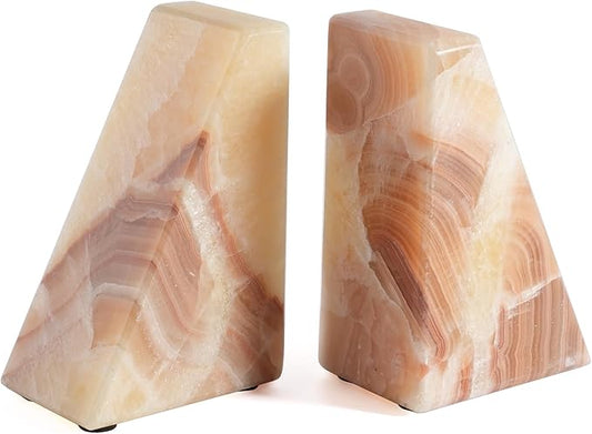 Marble Bookend for Heavy Books, Decorative Bookends for Shelves, Durable and Heavy-Duty Book End for Hardback Book & CDS, Unique Stopper & Holder, Mexico Onyx, Set of 2-Ruum Studio Home