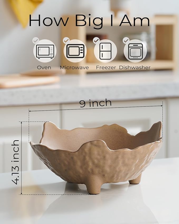Fruit Bowl for Kitchen Counter, Porcelain Decorative Bowl for Home Décor Modern Pedestal Bowl with 3-Legs Large Centerpiece Bowl for Breads, Nuts, Brown-Ruum Studio Home