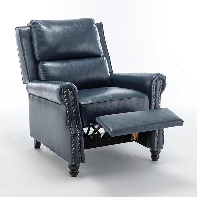 UIXE Pushback Recliner Chair, Faux Leather Armchair Overstuffed Accent Chair for Living Room, Rivet Trim Club Chair Home Theater Single Sofa Bedroom Side Reading Seat - Navy Blue-Ruum Studio Home