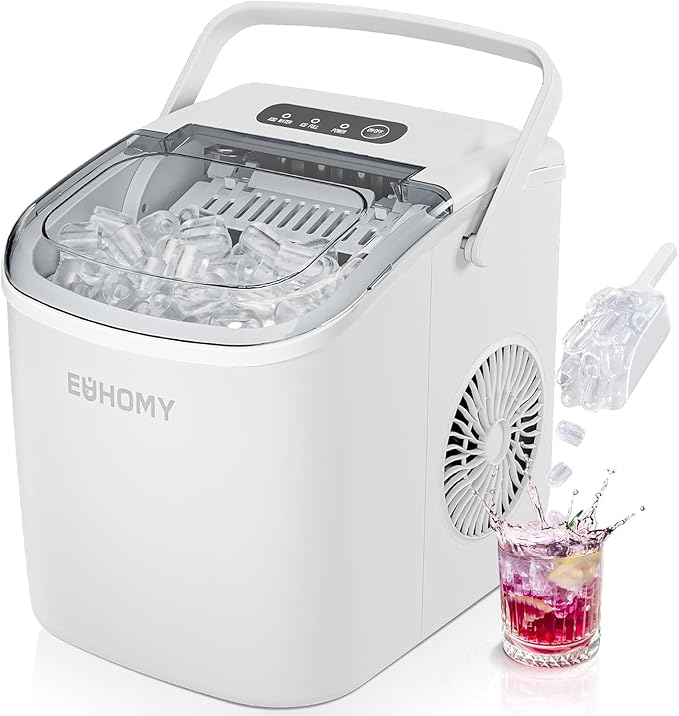 EUHOMY Countertop Ice Maker Machine with Handle, 26lbs Per Day, 9 Ice Cubes Ready in 6 Mins, Auto-Cleaning Portable Ice Maker with Basket and Scoop, for Home/Kitchen/Camping/RV (White)-Ruum Studio Home