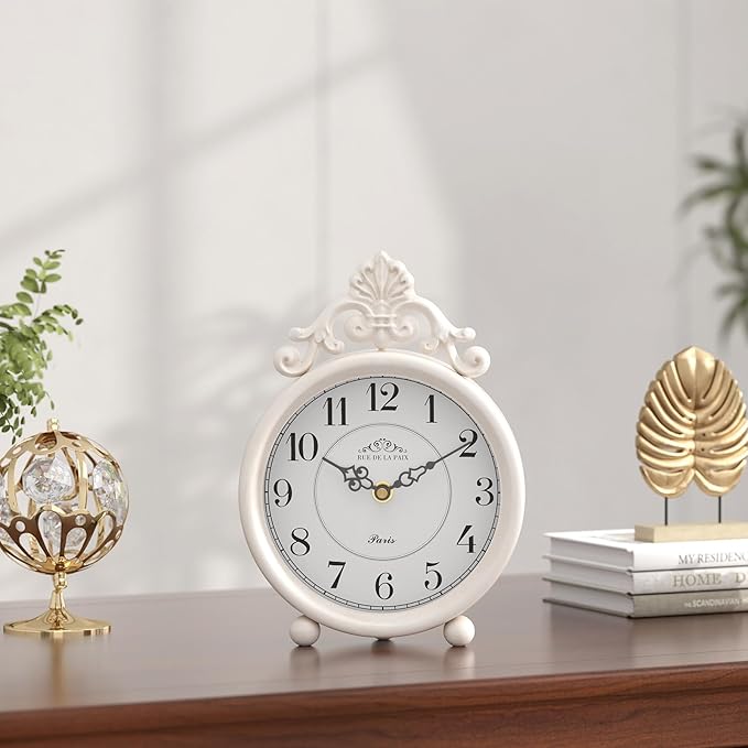 Vintage White Table Clock, Desk and Shelf Mantel Clock, French Rustic Antique Style Decor Clocks, for Farmhouse, Bedroom, Living Room, Bedside, Gift (9" H x 6.3" W)-Ruum Studio Home