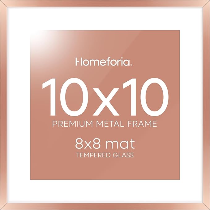 Homeforia 10x10 Picture Frame Rose Gold, High End Metal 10 by 10 Square Frames with Mat 8 x 8 Photo, 10by10 Poster Frame Matted to 8x8 Print, Wall or Tabletop Frame, Tempered Glass, Wall Kit, Set of 1-Ruum Studio Home