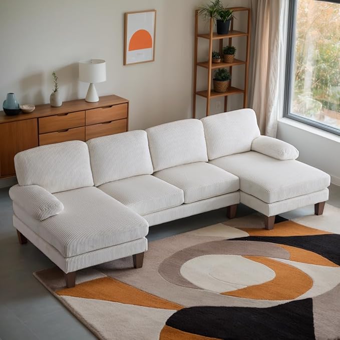 Karl home U-Shape Sectional Sofa Couch 111" Modern 4-Seat Sofa with Chaises Corduroy Fabric Upholstered Covertible Couch with Wood Grain Legs for Living Room, Reception Room, Apartment, Beige-Ruum Studio Home