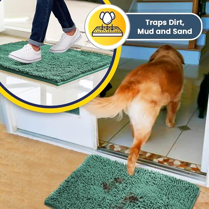 Muddy Mat® 4-Piece Seafoam Green Medium 30"X19" AS-SEEN-ON-TV Highly Absorbent Microfiber Door Mat, Bath Mat and Pet Rug, Non Slip Thick Washable, Soft Chenille for Kitchen Bedroom Indoor and Outdoor-Ruum Studio Home