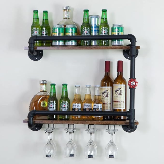 Wine Rack Wall Mounted 2 Tier, Hanging Floating Small Mini Bar Liquor Shelves with Glass Holder Storage Under, Industrial Rustic Pipe Farmhouse Kitchen Decor Black(23.6x10.6x19.7)-Ruum Studio Home