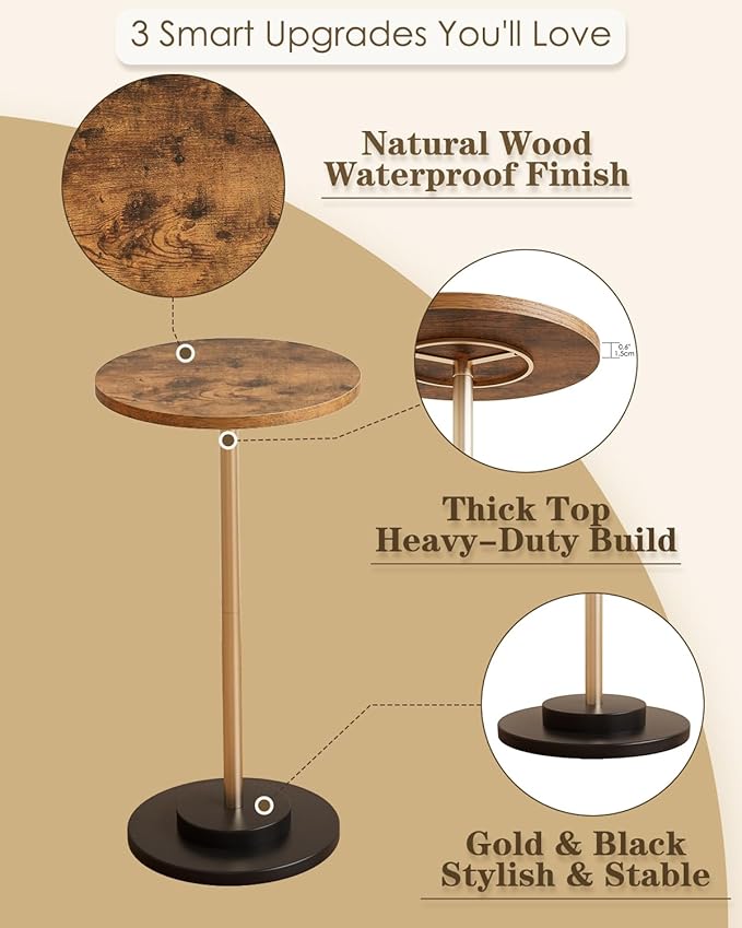 Masupu Drink Table, Round Side Table for Small Spaces, Pedestal Small End Table with Metal Base, for Living Room, Bedroom, Bathroom, Rustic Brown-Ruum Studio Home