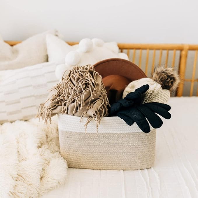 OrganiHaus Woven Storage Baskets for Organizing, Cotton Rope Organizer Bins for Shelves, Closet & Nursery, Dog Toy Basket, Decorative Bins for Toys, Towels & Books - 15x10x9, Light Honey-Ruum Studio Home