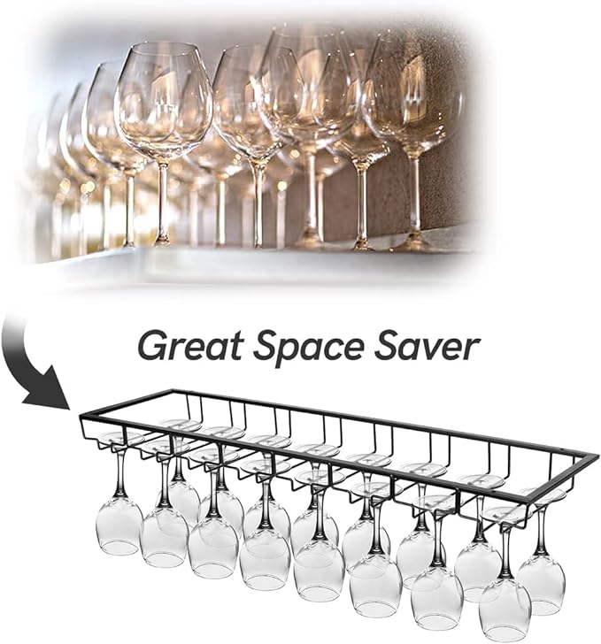 Xverycan Wine Glass Rack Under Cabinet, 8 Row Extreme Large Stemware Hanger, Metal Wine Goblet Holder, DIY Bar Glass Storage Rack for Bar Counter, Kitchen, Screws Included (Black)-Ruum Studio Home