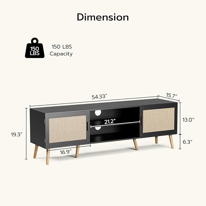 TV Stand for TVs up to 65'', Entertainment Center with Rattan Door, Shelves & 2 Cabinets, Boho Media TV Console for Living Room, Bedroom, Black-Ruum Studio Home