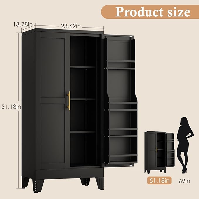 51" H Metal Kitchen Pantry Storage Cabinet, Freestanding Cupboard Storage Cabinet with Doors and Adjustable Shelves, Large Stand Up Food Cupboard for Living Room, Dinning Room, Black-Ruum Studio Home