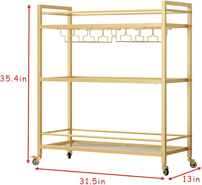Glass Gold Bar Carts for Home with Hanging Wine Rack - Home Bar Serving Cart with 3 Mirrored Shelves, Kitchen Bar Carts, Wine Cart for Entertaining, Club Party.-Ruum Studio Home