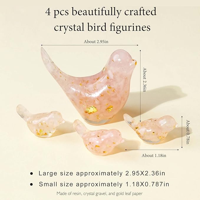 Crystal Bird Figurines, Resin Animal Statues, Miniature Decorative Gravel Birds, Home Decor (4PCS-RoseQuartz)-Ruum Studio Home