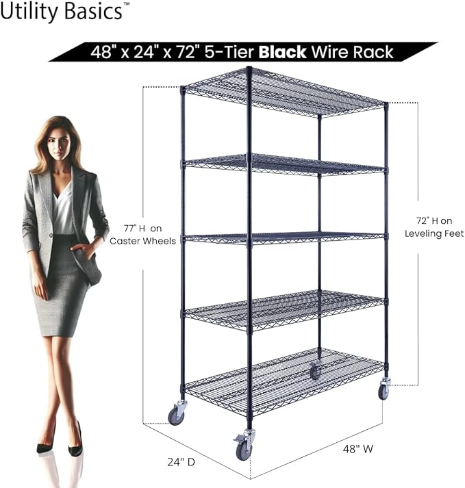 48"x24"x72" Black 5-Tier Premium Wire Shelving NSF 4000 LBS MAX Capacity Heavy Duty Steel Storage Rack for Warehouses, Garages, Hospitals, Commercial Spaces, & Schools w/Premium Wheels-Ruum Studio Home