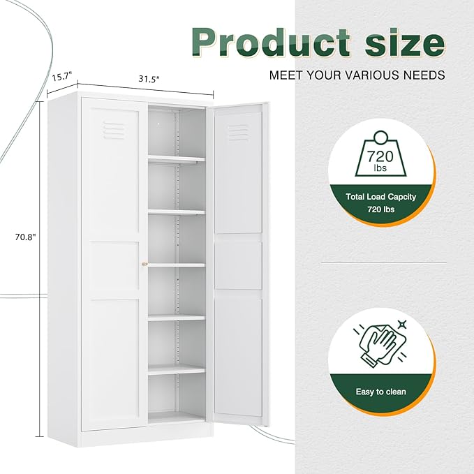 Letaya White Storage Cabinet with Adjustable Shelves-Metal Home Kitchen Pantry Cabinets with Doors,Organization Locker for Cupboard/Bedroom/Dining/Living/Bathroom/Office/Garage Room-Ruum Studio Home