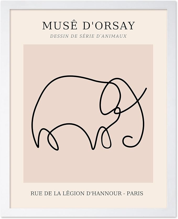 Poster Master Vintage Poster - Retro One Line Elephant Drawing Print - Elephant Art - Minimal Gift for Men, Women, Animal Lover - Abstract Wall Decor for Home, Office, 11x14 White Framed-Ruum Studio Home