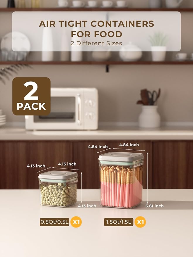 Pop Air Tight Containers Stackable- 2-Pack Cereal Storage Containers with Lids Airtight, Leakproof Pop Up Containers for Organizing, 1.5Qt & 0.5Qt-Ruum Studio Home
