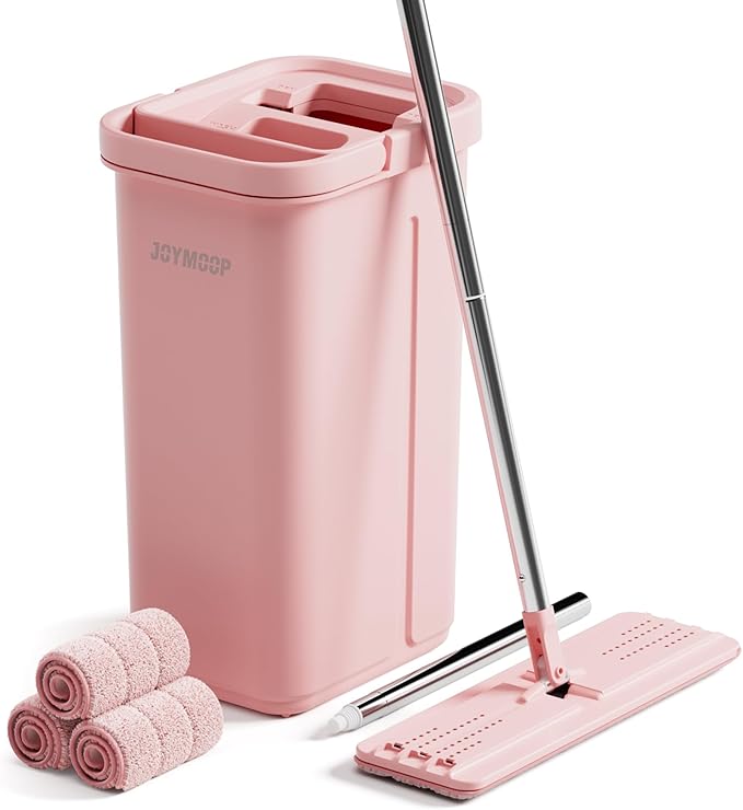 JOYMOOP Pink Mop and Bucket with Wringer Set for Home, with 3 Reusable Microfiber Mop Pads, Hands-Free Self-Cleaning System, Suitable for Floor Cleaning and Wall Cleaner-Ruum Studio Home