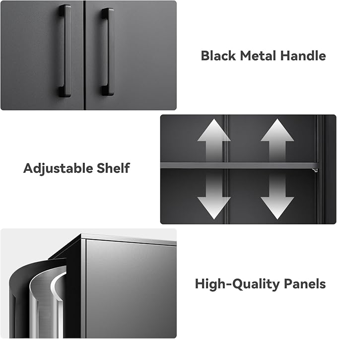 Metal Wall Cabinet,Garage Wall Cabinetwith Handle,Lockable Storage Cabinets Wall Mounted with 2 Doors,Locking Cabinet with Shelves for Basement,Living Home,Black-Ruum Studio Home