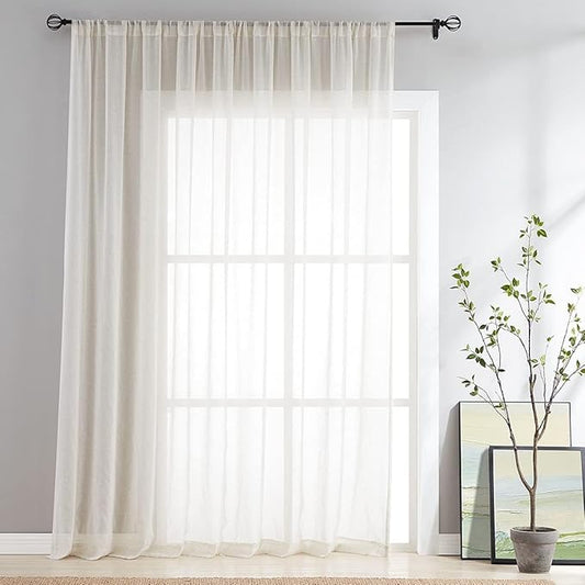 FMFUNCTEX Linen Sheer Sliding Door Curtains for Bedroom, Beige Curtains 96 Inches Long Window Curtain Drapes for Living Room, Natural Patio Glass Door Extra 100 Wide Curtain, Rod Pocket 1 Panel-Ruum Studio Home