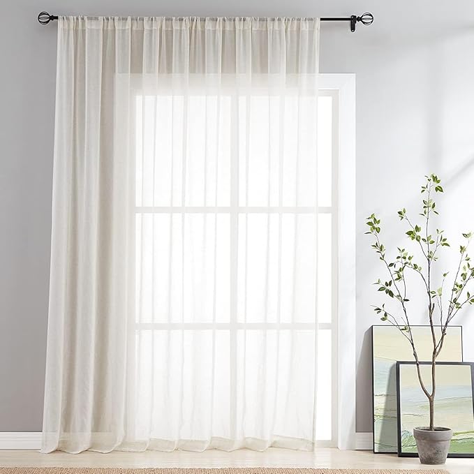 FMFUNCTEX Linen Sheer Sliding Door Curtains for Bedroom, Beige Curtains 84 Inches Long Window Curtain Drapes for Living Room, Natural Patio Glass Door Extra 100 Wide Curtain, Rod Pocket 1 Panel-Ruum Studio Home