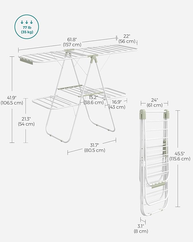 SONGMICS Clothes Drying Rack, Foldable 2-Level Laundry Drying Rack, Free-Standing Laundry Airer, with Height-Adjustable Wings, 33 Drying Rails, Sock Clips, White and Green ULLR053C01V1-Ruum Studio Home