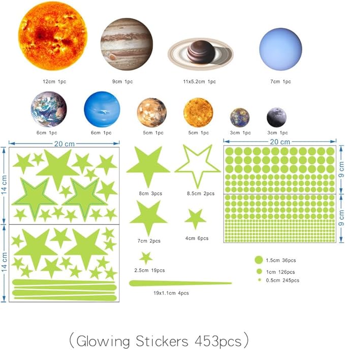 Quanhaigou Glow in The Dark Stars and Planets, Bright Solar System Wall Stickers -Glowing Ceiling Decals for Kids Room,Shining Space Decoration-Ruum Studio Home