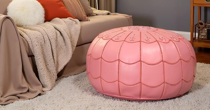 Stuffed Arch Design Moroccan Leather Pouf Ottoman, Handmade, Pre-Filled, 100% Genuine Leather, 14” Height x 22” Diameter – Boho Chic Footstool & Living Room Décor (Pink)-Ruum Studio Home