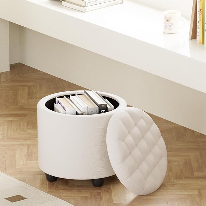 Furniliving Upholstered Button Tufted Round Ottoman, PU Storage Ottoman Round, Removable Lid Convenient Footstools, Classic Ottoman with Storage for Vanity, Nursery Room，IvoryWhite-Ruum Studio Home