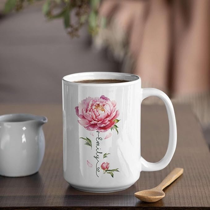Flower Design Mug With Custom Name, Unique Peony Flower Ceramic Cup, Customized Flower Lover Coffee Mug, Personalized Peony Themed Decorative Cup, Novelty Peony Accent Mug 11oz 15oz-Ruum Studio Home