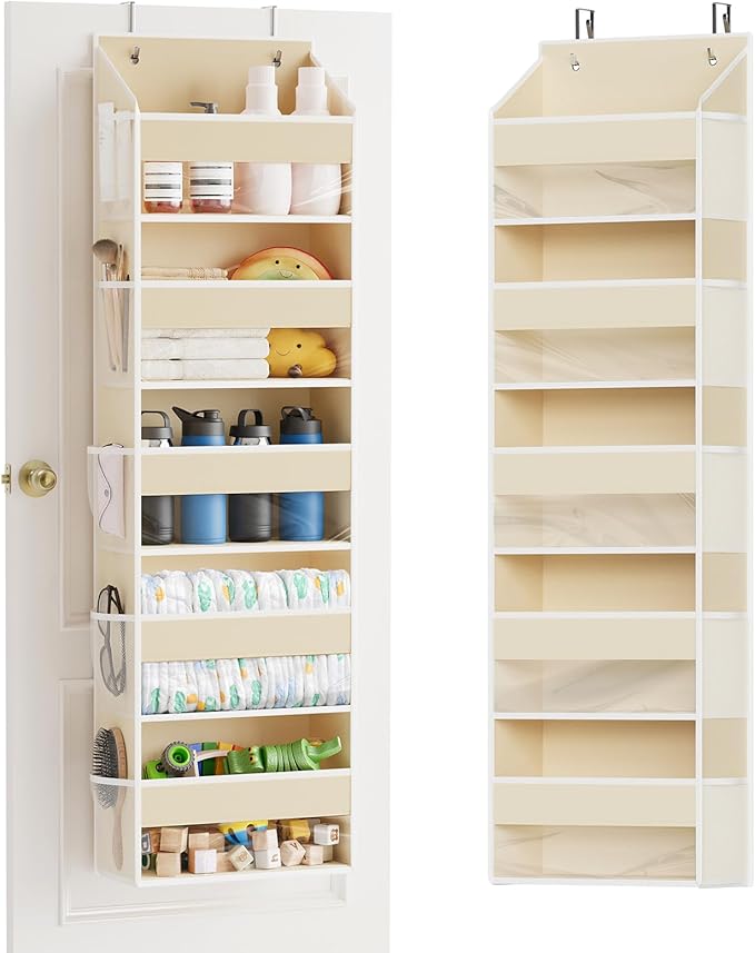 SpaceAid 1 Pack Over The Door Organizer with 5 Large Pockets and 10 Mesh Side Pockets, 5 Layers Door Organizer Hanging with Clear Window for Bedroom, Bathroom, Pantry and Nursery, Beige-Ruum Studio Home