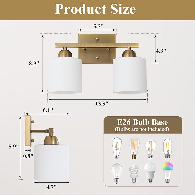Stainless Steel Milk Glass Vanity Lights for Bathroom, 2 Light Brass Bathroom Light Fixtures Over Mirror, Ceramic E26 Sockets Wall Mounted-Ruum Studio Home