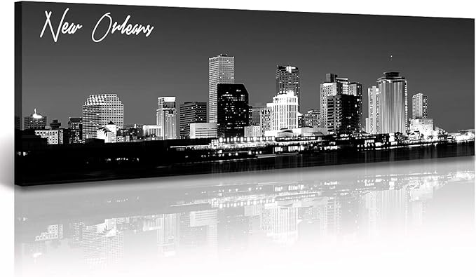 DJSYLIFE New Orlean Canvas Wall Art Decor City Skyline Pictures Poster Artwork Black and White Panorama Cityscape Painting for Bedroom Office Living Room Decoration Ready to Hang 13.8"X47.3"-Ruum Studio Home
